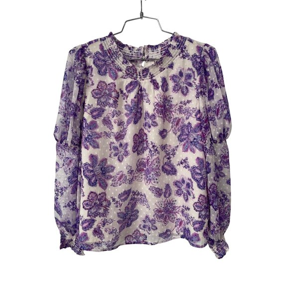 Loft Floral Blouse Size Small Petite Long Sleeve Purple White Smocked Neck Boho - Picture 2 of 8